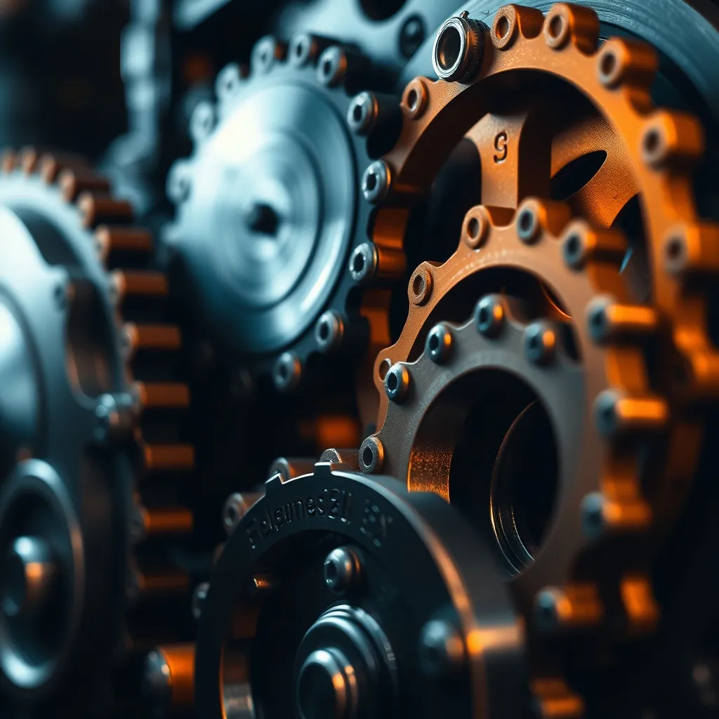Close-up of industrial gears and mechanical components in bl