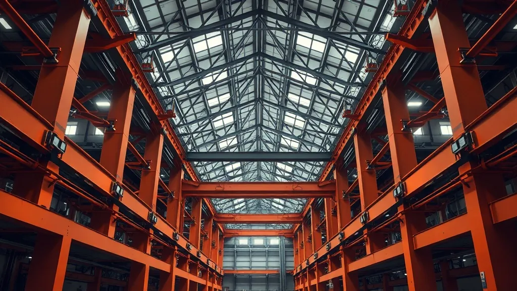 Industrial geometric architecture with orange accents and he