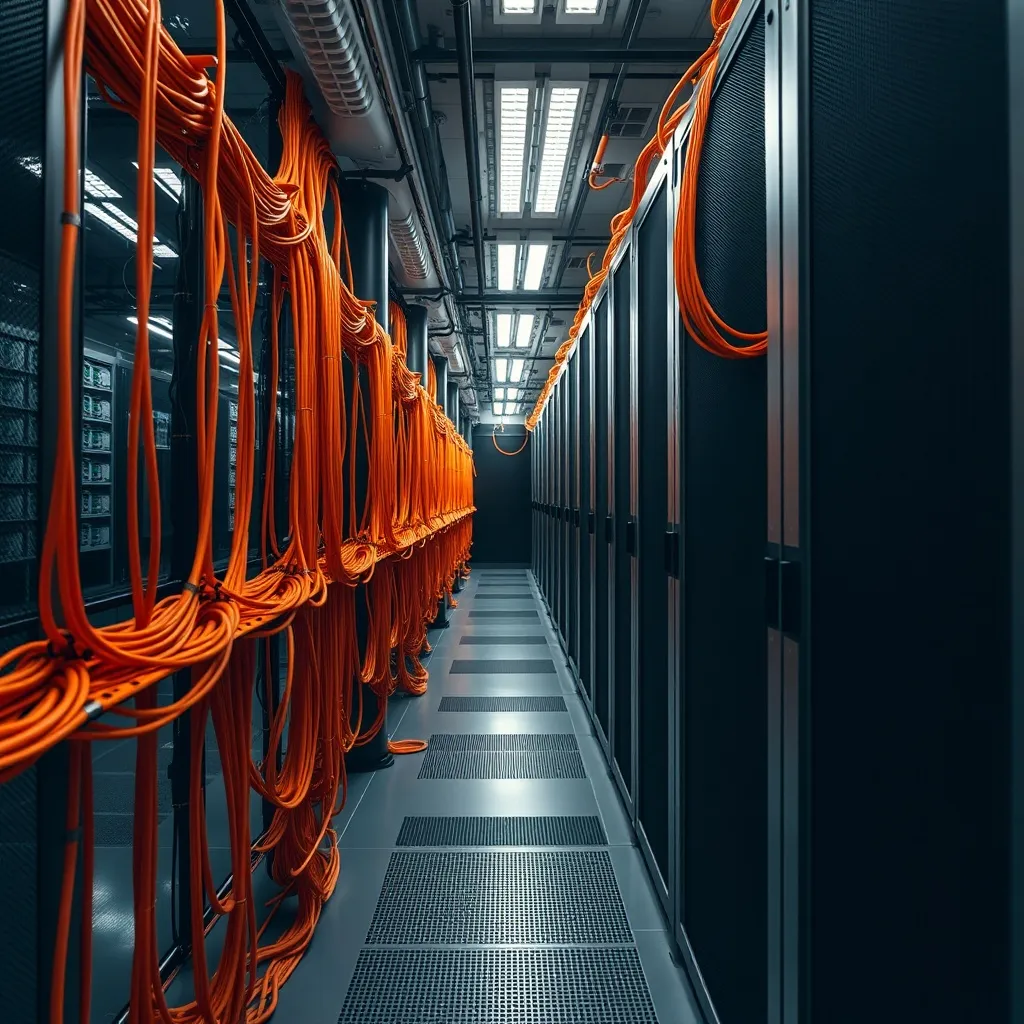 Industrial server room with orange cable management and blac